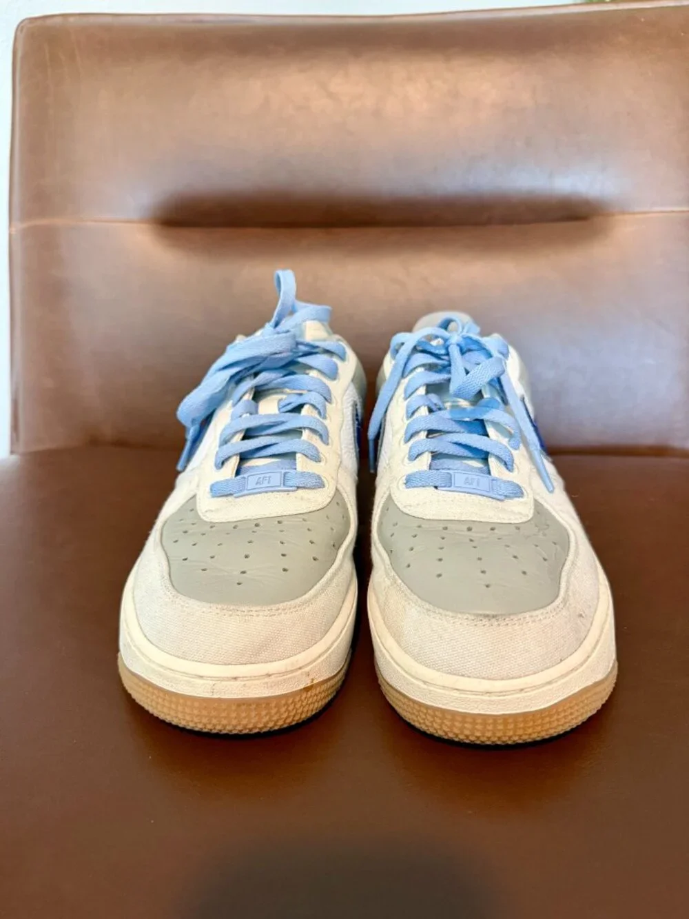 Nike Air Force 1, blue swoosh, grey panels, gum sole, Size 9M